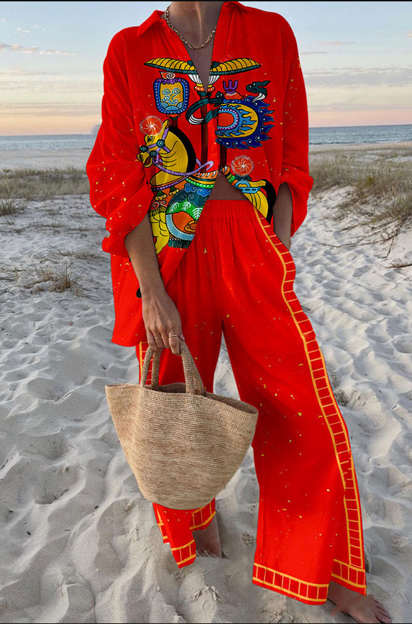 Women's Long Sleeve Collared Printed Shirt Set Casual Vacation Loungewear