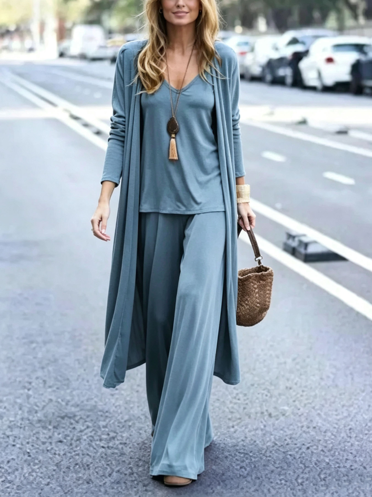 Women's Minimalist Solid Color Open-Front Cardigan 3-Piece Set