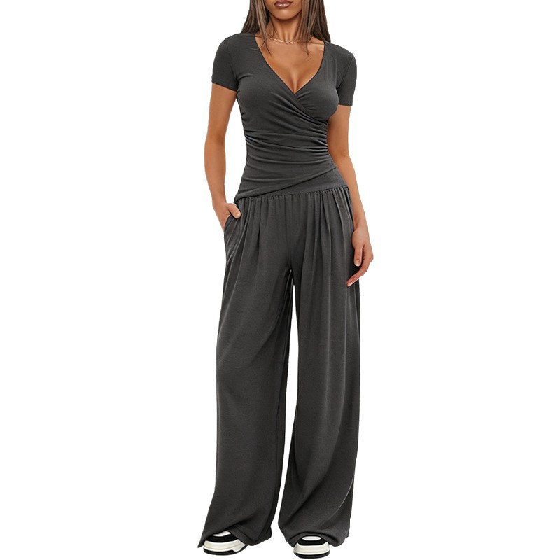 Women's Wide-Leg Pants Set Short Sleeve Two-Piece Casual Commuter