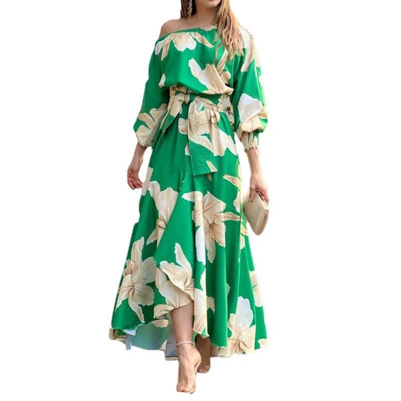 Women's Printed One-Shoulder Waist-Cinched Dress