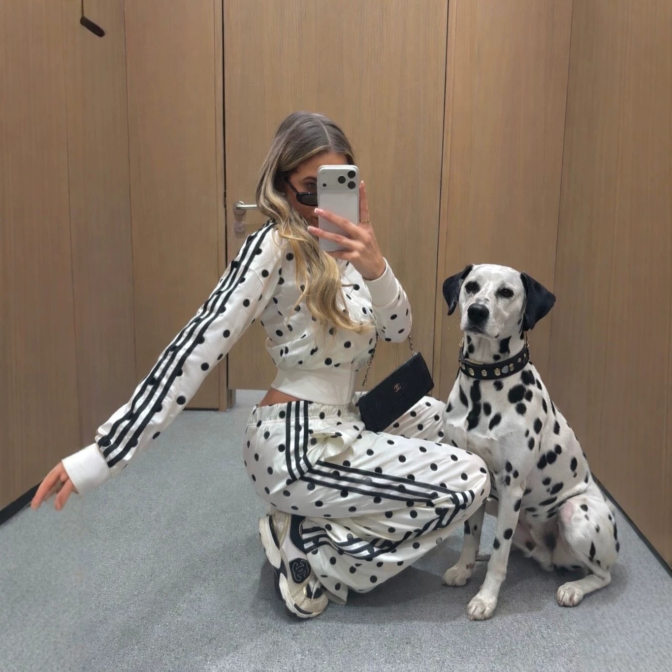 Polka Dot Three-Stripe Casual Set with Retro Stand Collar Jacket and Wide-Leg Pants