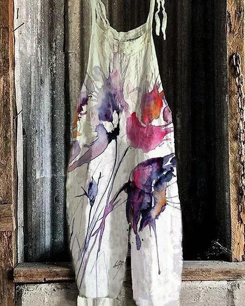 Women's Vintage Floral Print Sleeveless Jumpsuit Casual Tie-Waist