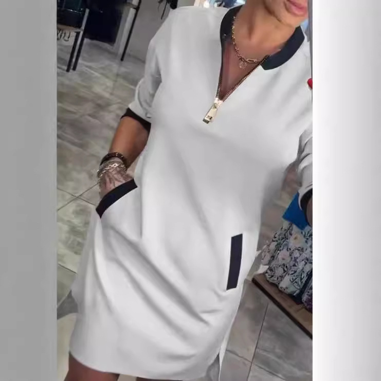 V-Neck Zip Midi A-Line Dress with Three-Quarter Sleeves