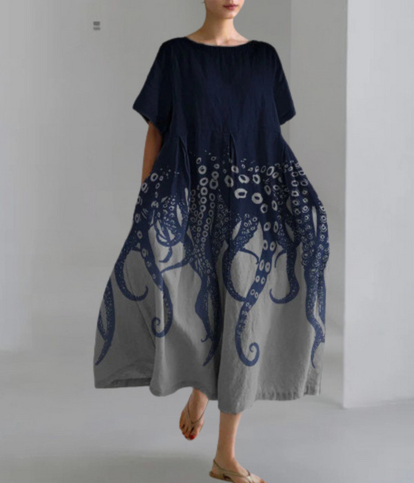 Women's Vintage Floral Print A-Line Midi Dress with U-Neck and Short Sleeves
