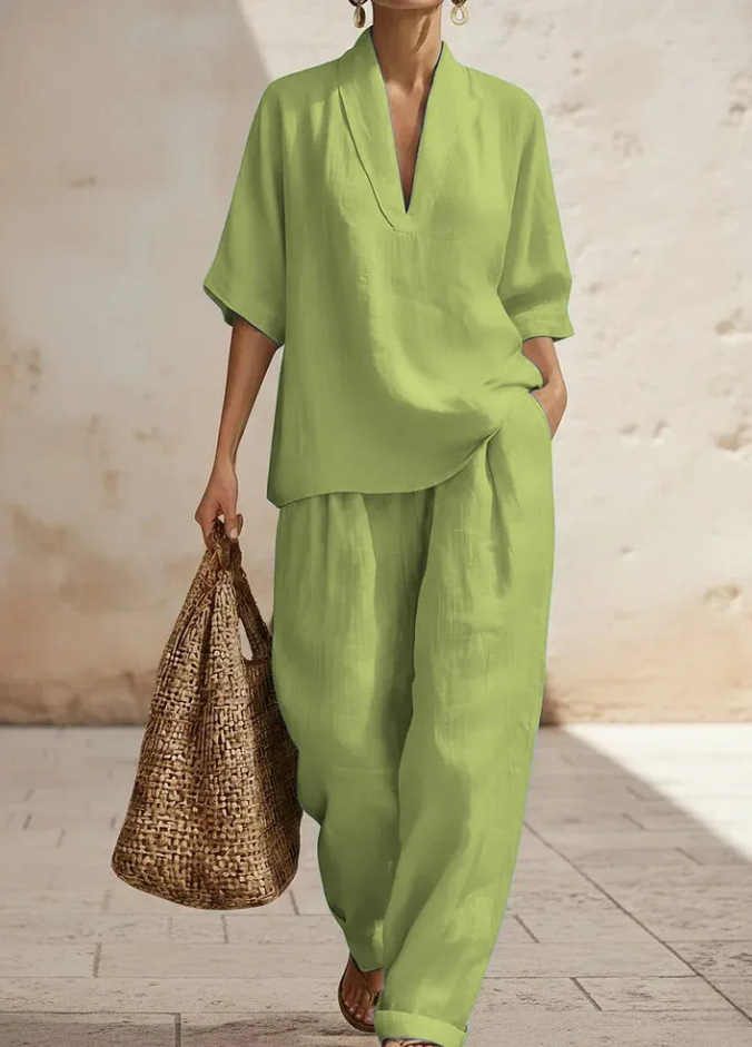 V-Neck Short Sleeve Top & Wide-Leg Pants Set