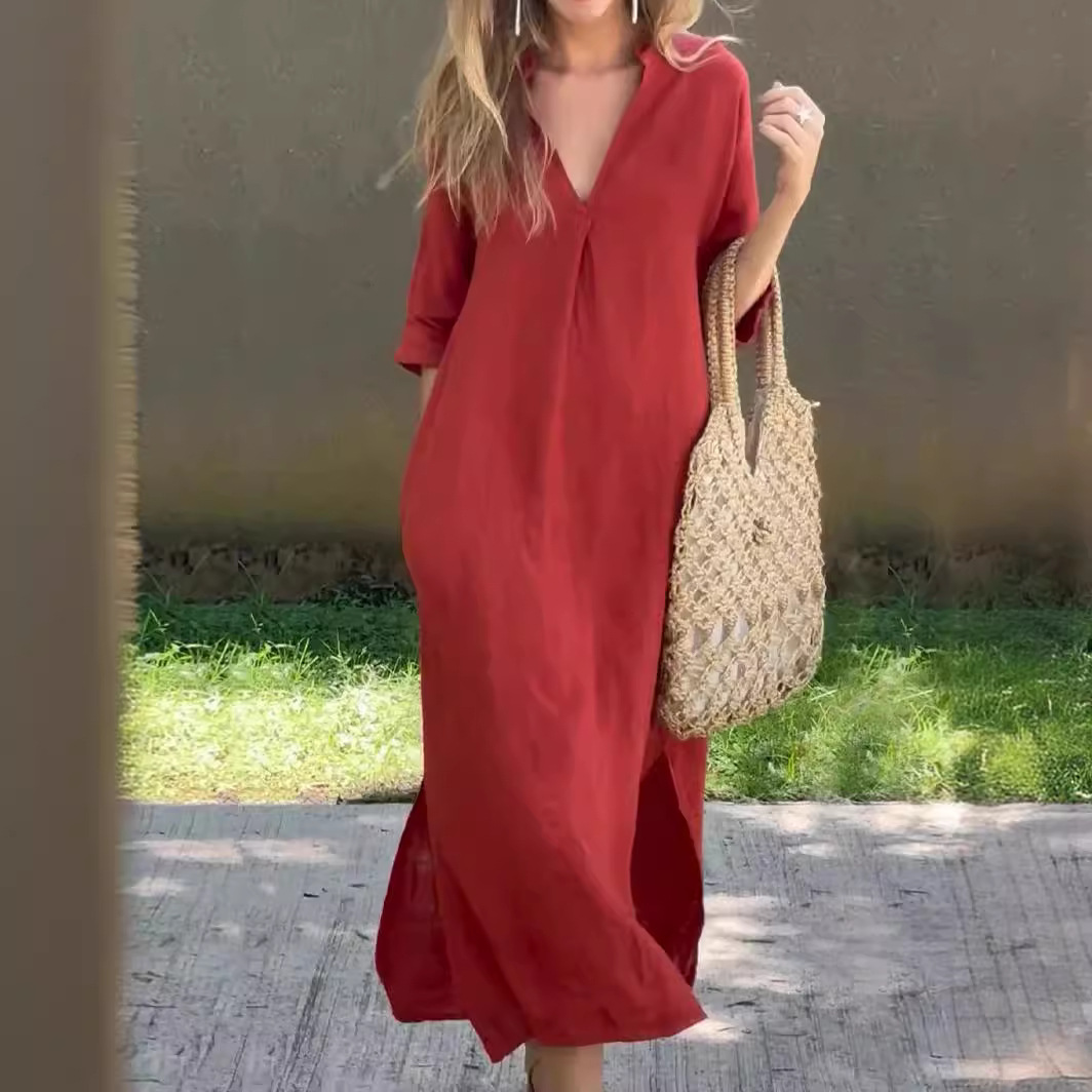 Women's V-Neck Pleated Midi Dress with Side Slits