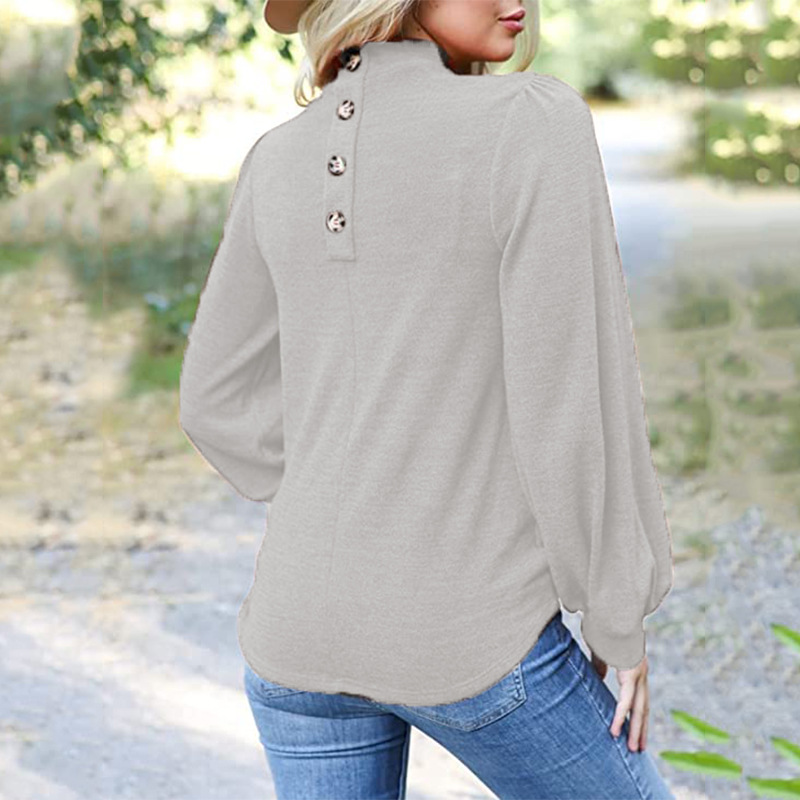 Button-Down High Neck Balloon Sleeve Loose Knit Sweater