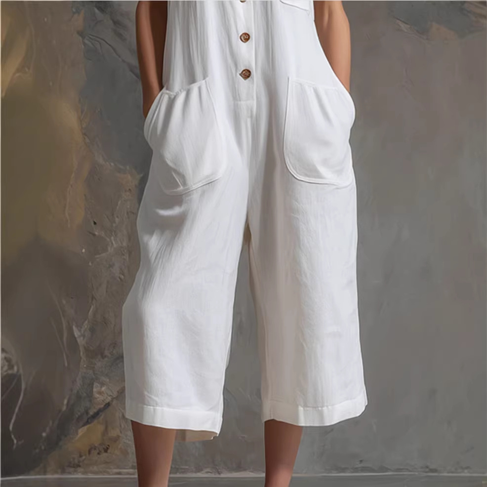 Women's Sleeveless Cotton-Linen Wide-Leg Capri Jumpsuit