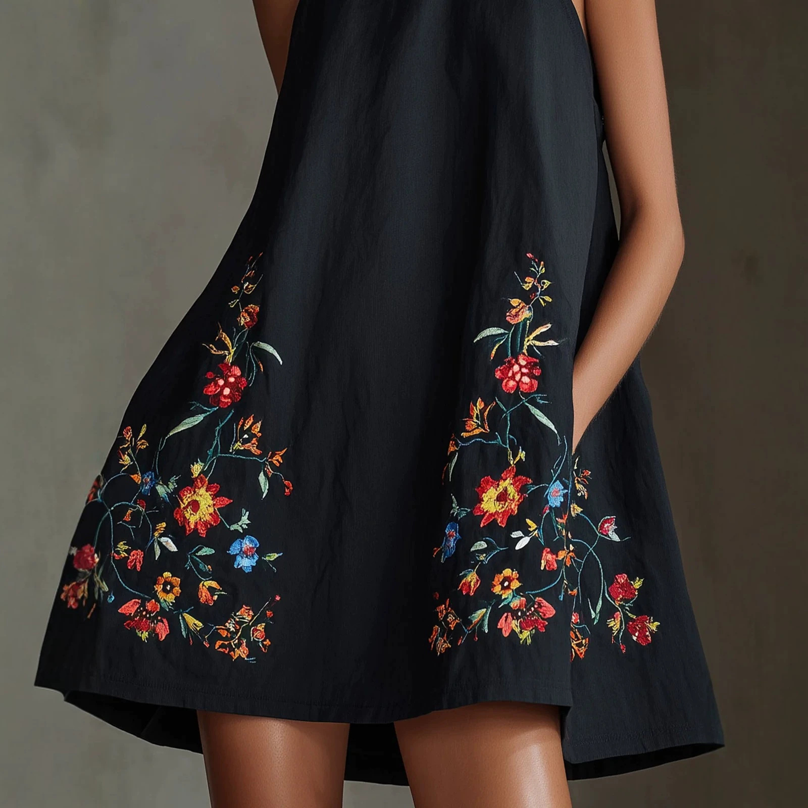 Black Halter Sleeveless Floral Embroidered A-Line Short Dress