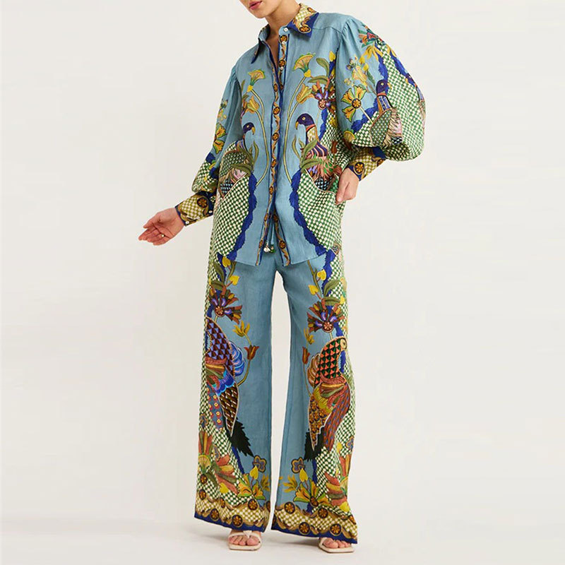 Women's Graffiti Print Collared Long-Sleeve Shirt & Pants Set