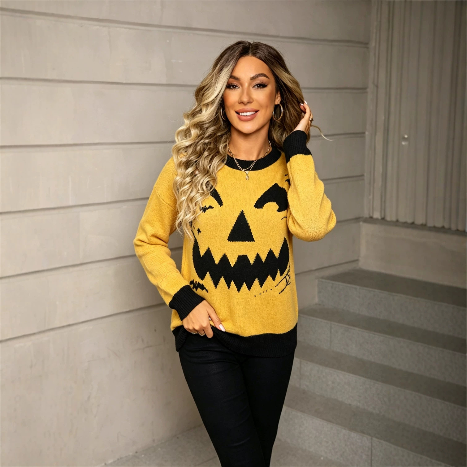 Bat Skull Colorblock Pullover Sweater