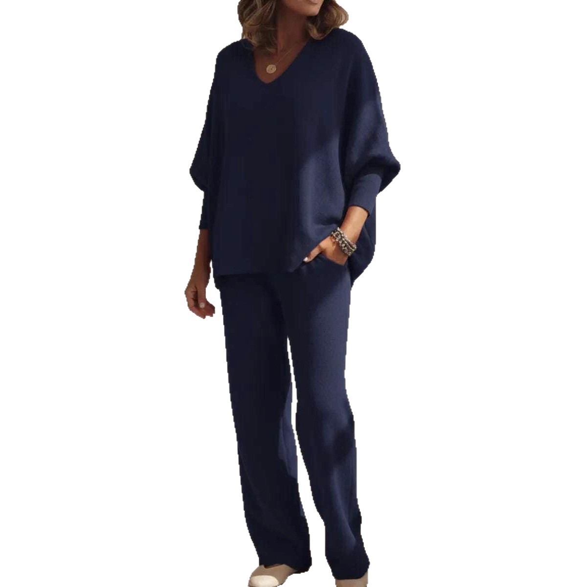 V-Neck Long Sleeve Knit Top and Pants Lounge Set for Women