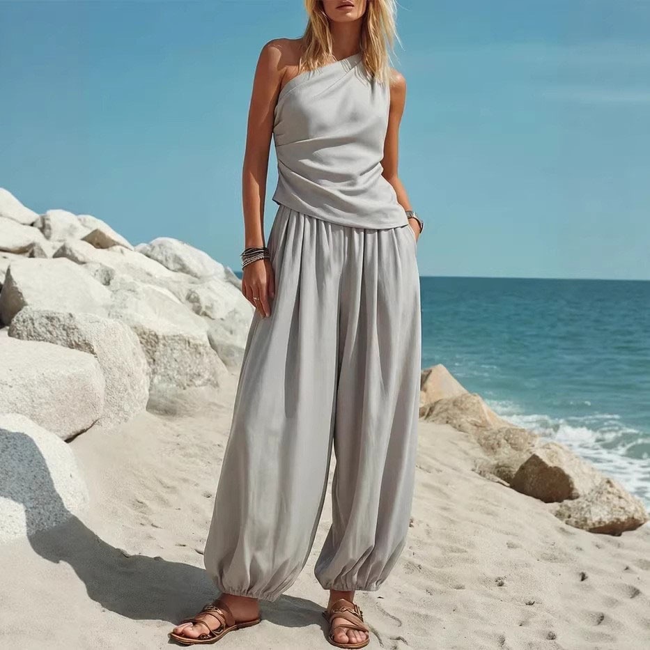 Women's Sleeveless Tank Top and High-Waist Pants Set Solid Color Casual