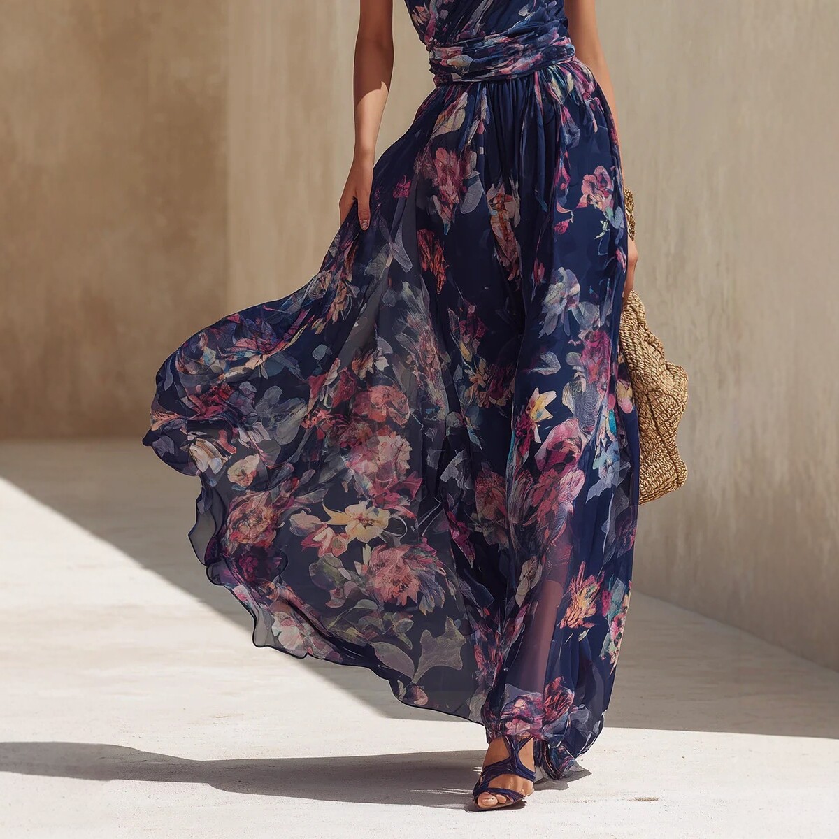 One-Shoulder Bow Print Chiffon Maxi Dress