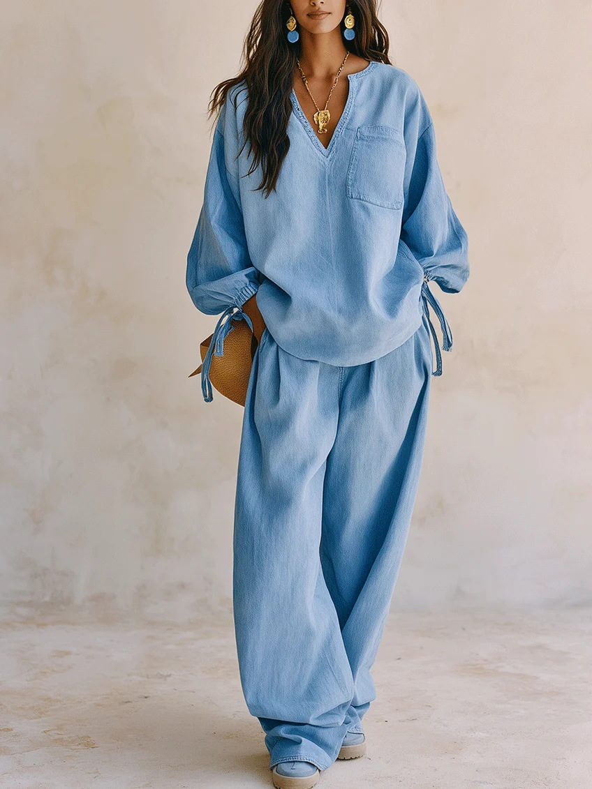 Women's Casual Long Sleeve Wide Leg Pants Solid Color Set