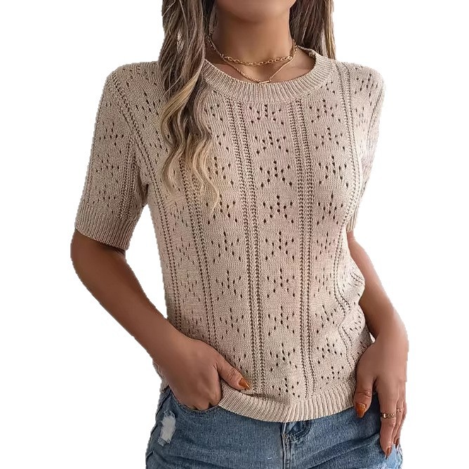 Women's Knit Hollow-Out Crewneck Short-Sleeve Top
