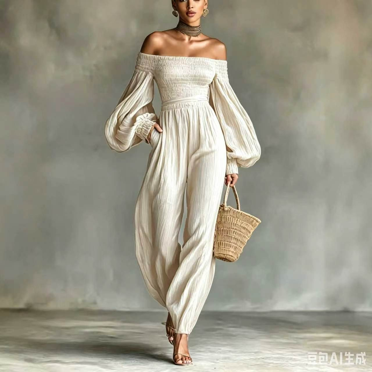 Women's Off-Shoulder Lantern Sleeve Ruched Loose Jumpsuit