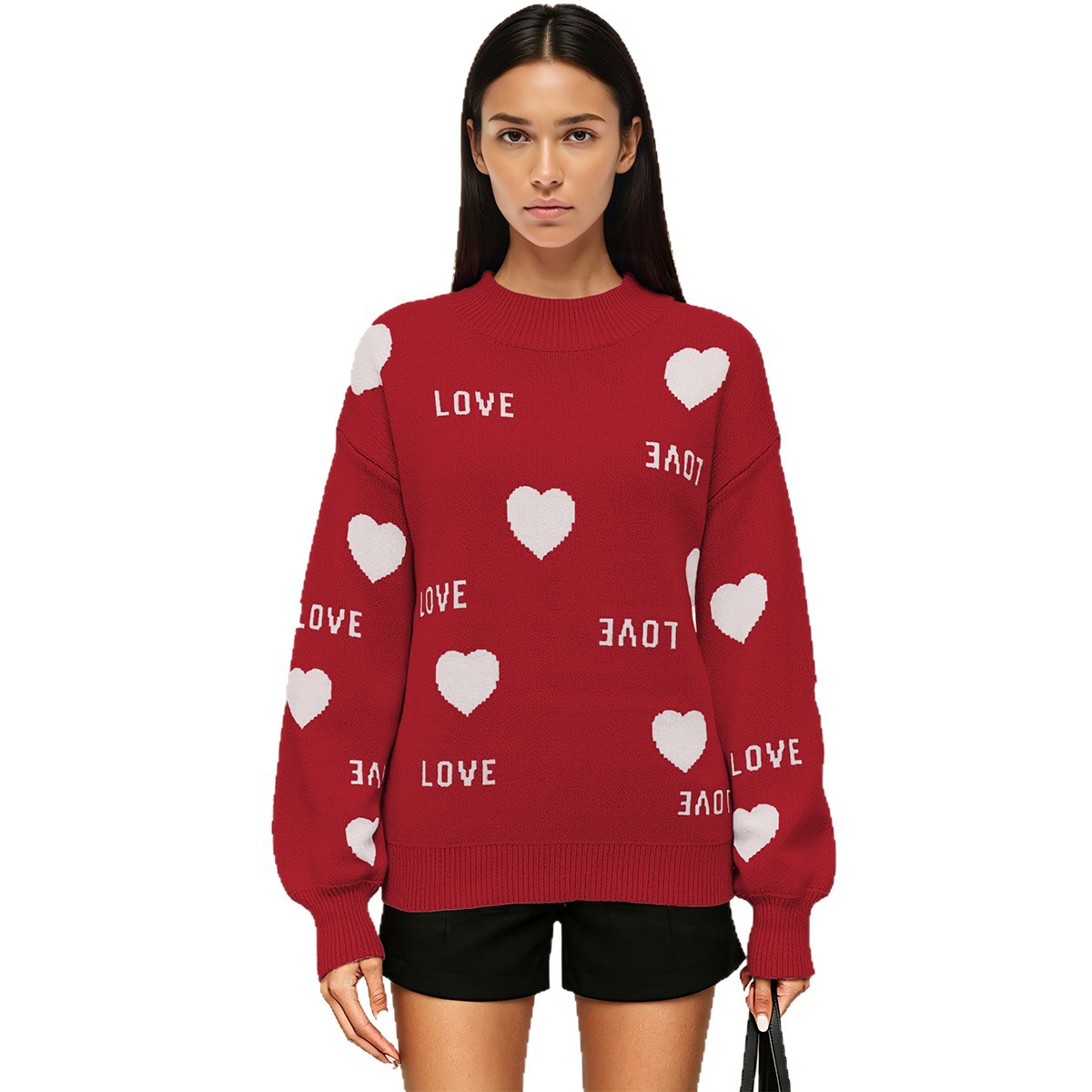 Heart Crewneck Knit Sweater Colorblock Pullover