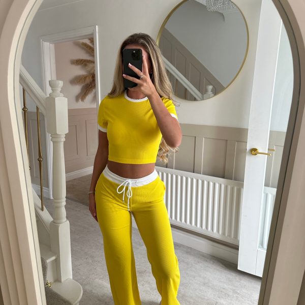 Women's Colorblock Short Sleeve Top and Drawstring Wide Leg Pants Set