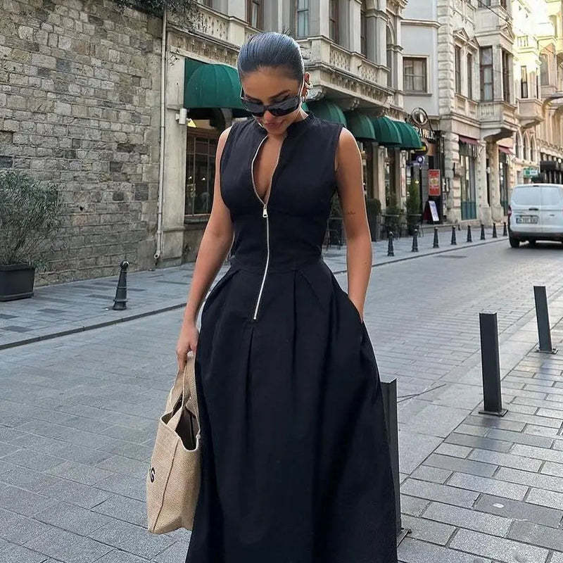 Women's Sleeveless Front Zip Midi Dress Solid Slim Fit