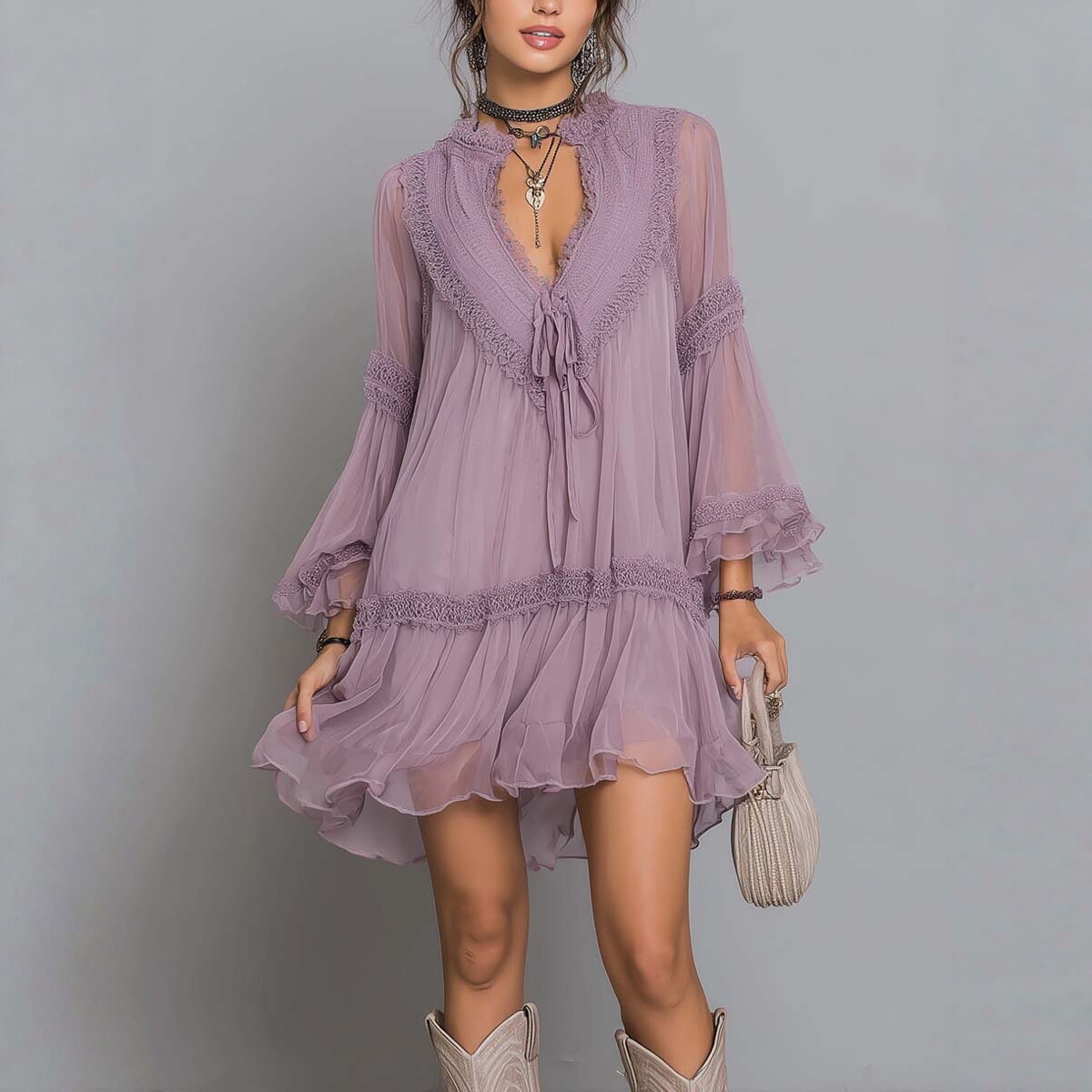 Purple Lace-Up Bell Sleeve Dress