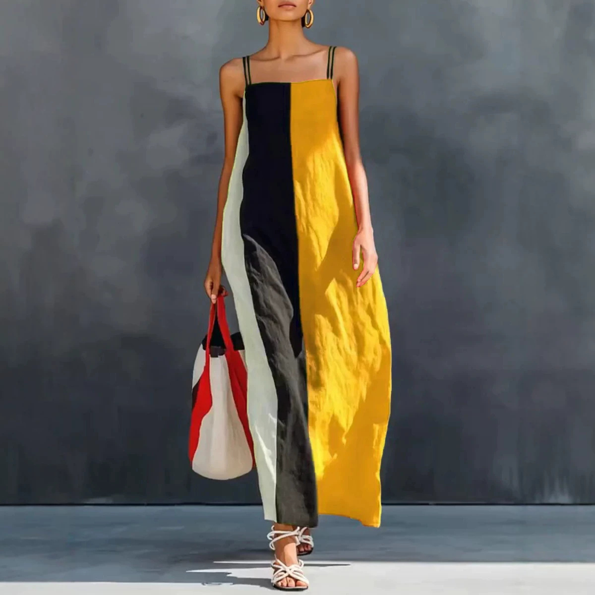 Women's Sleeveless Spaghetti Strap Dress Casual Vacation Color Block Long Dress