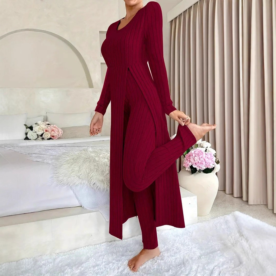 Women's Two-Piece Set with Split Hem Long Sleeve Top