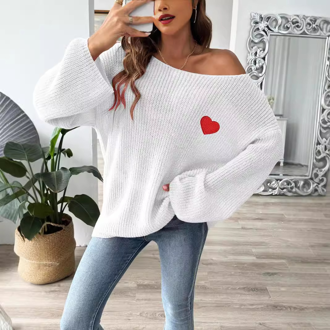 Women's Off-Shoulder Bell Sleeve Heart Embroidered Pullover Sweater