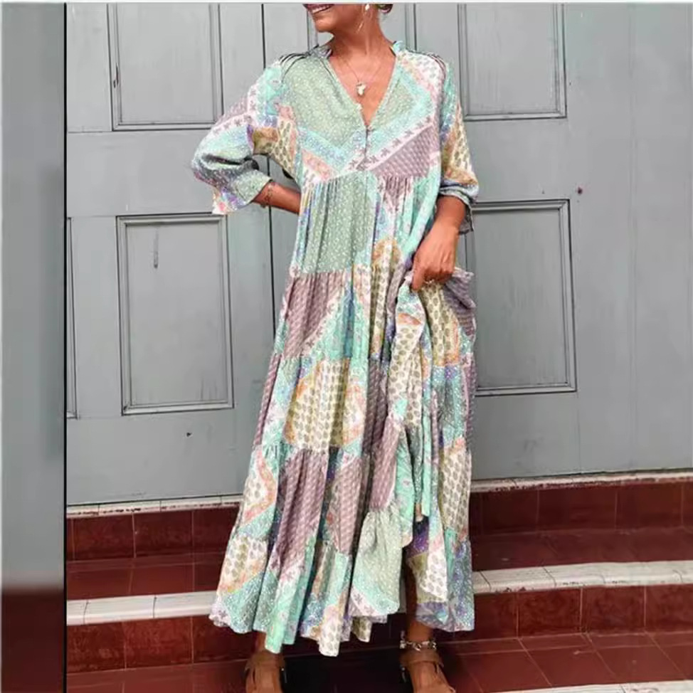 V-Neck Colorblock Casual Loose Long Dress