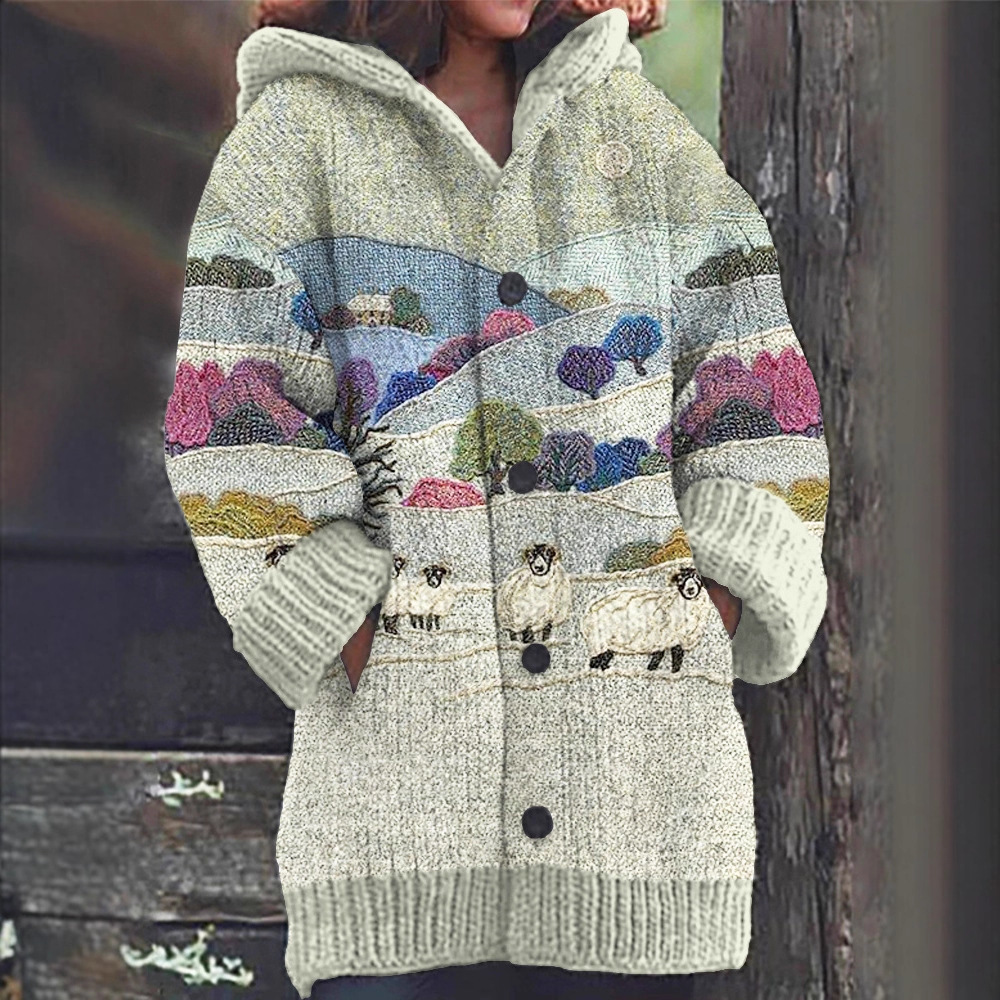Women's Animal & Plant Print Hooded Button Cardigan