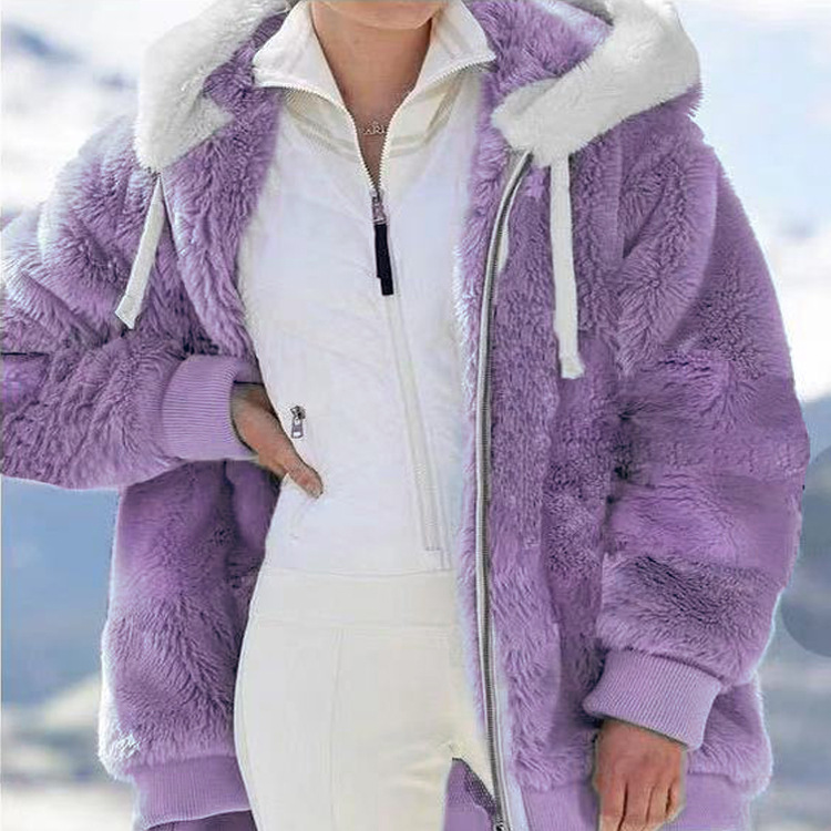 Women's Loose Solid Fleece Zip-Up Hooded Jacket