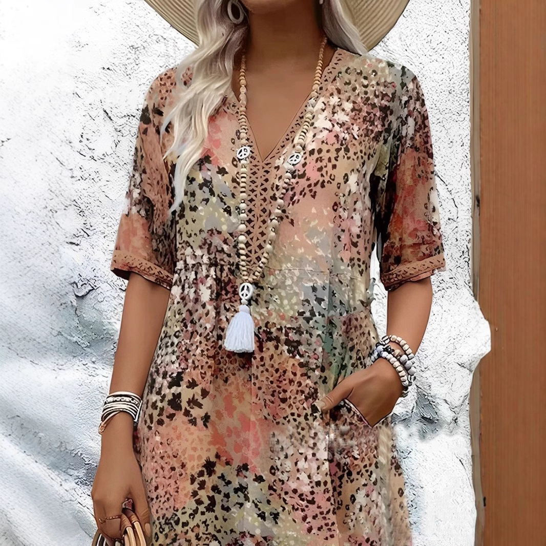 Women's Printed V-Neck Midi Dress with Pockets Casual Vacation Home Wear