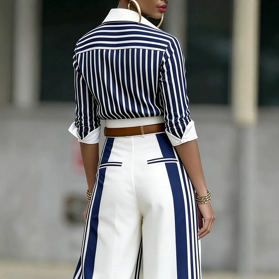 Women's Striped Straight-Leg Pants Set Casual Commuter Two-Piece