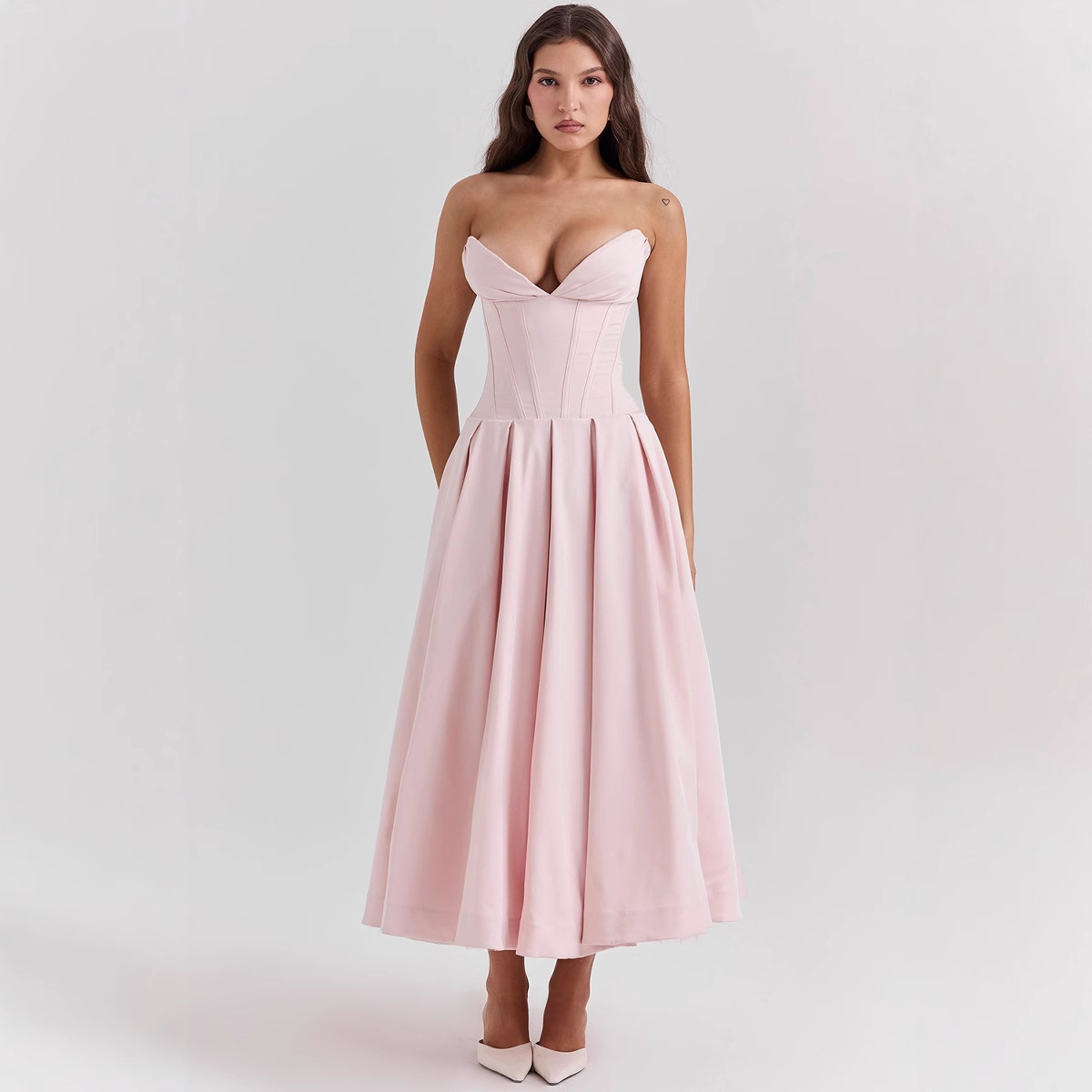 Women's Sleeveless Strapless Midi Dress Solid Color Slim Fit
