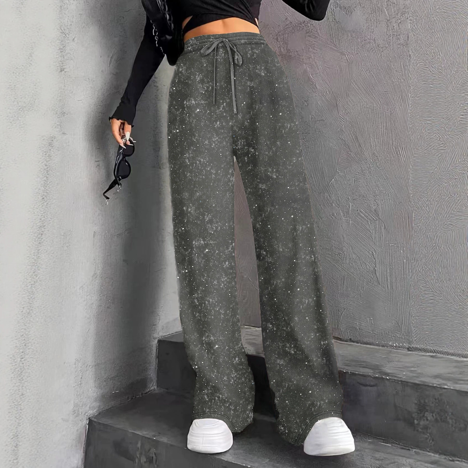 Glitter Star Wide-Leg Pants for Women Summer Drapey Straight Elastic Waist