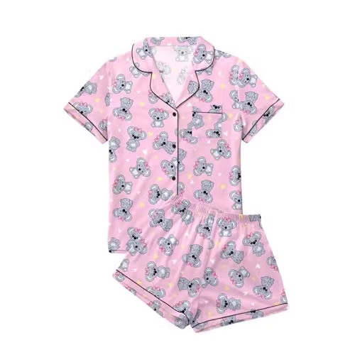 Cuban Collar Heart Hamster Elephant Print Women's Short Sleeve Set
