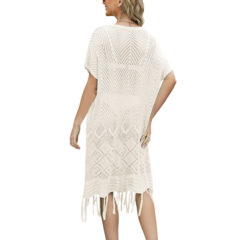 Solid V-Neck Loose Plus-Size Fringe Beach Dress