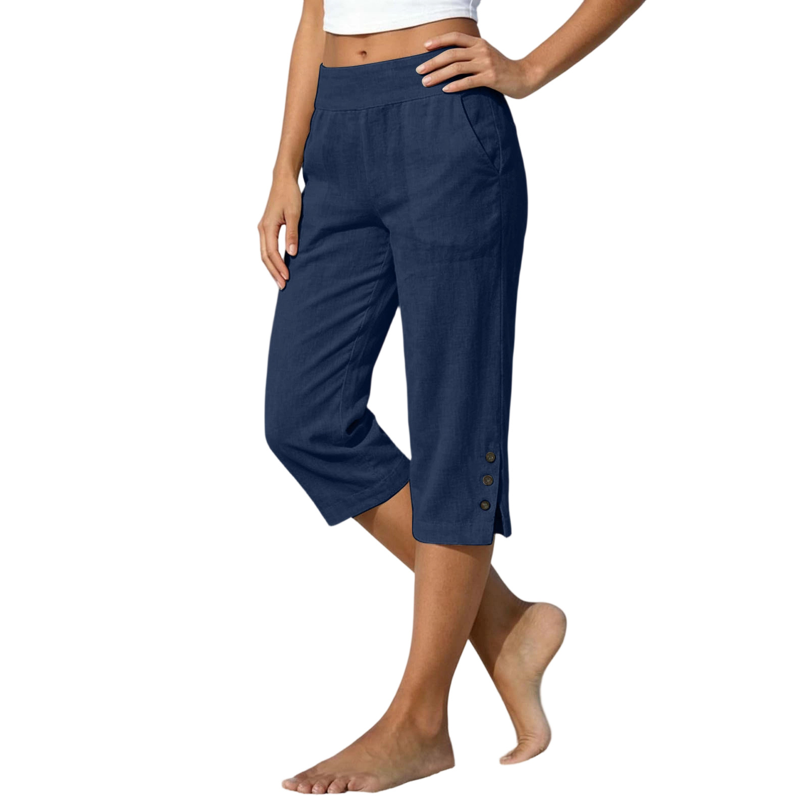 2026 Summer Women's Cotton-Linen Capri Pants High Waist Loose Straight Leg Slit Button Casual Pants Cross-Border Women's