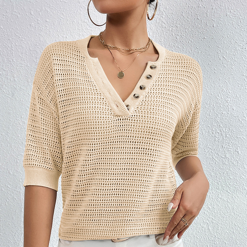 V-Neck Hollow-Out Knit Top Short Sleeve Casual
