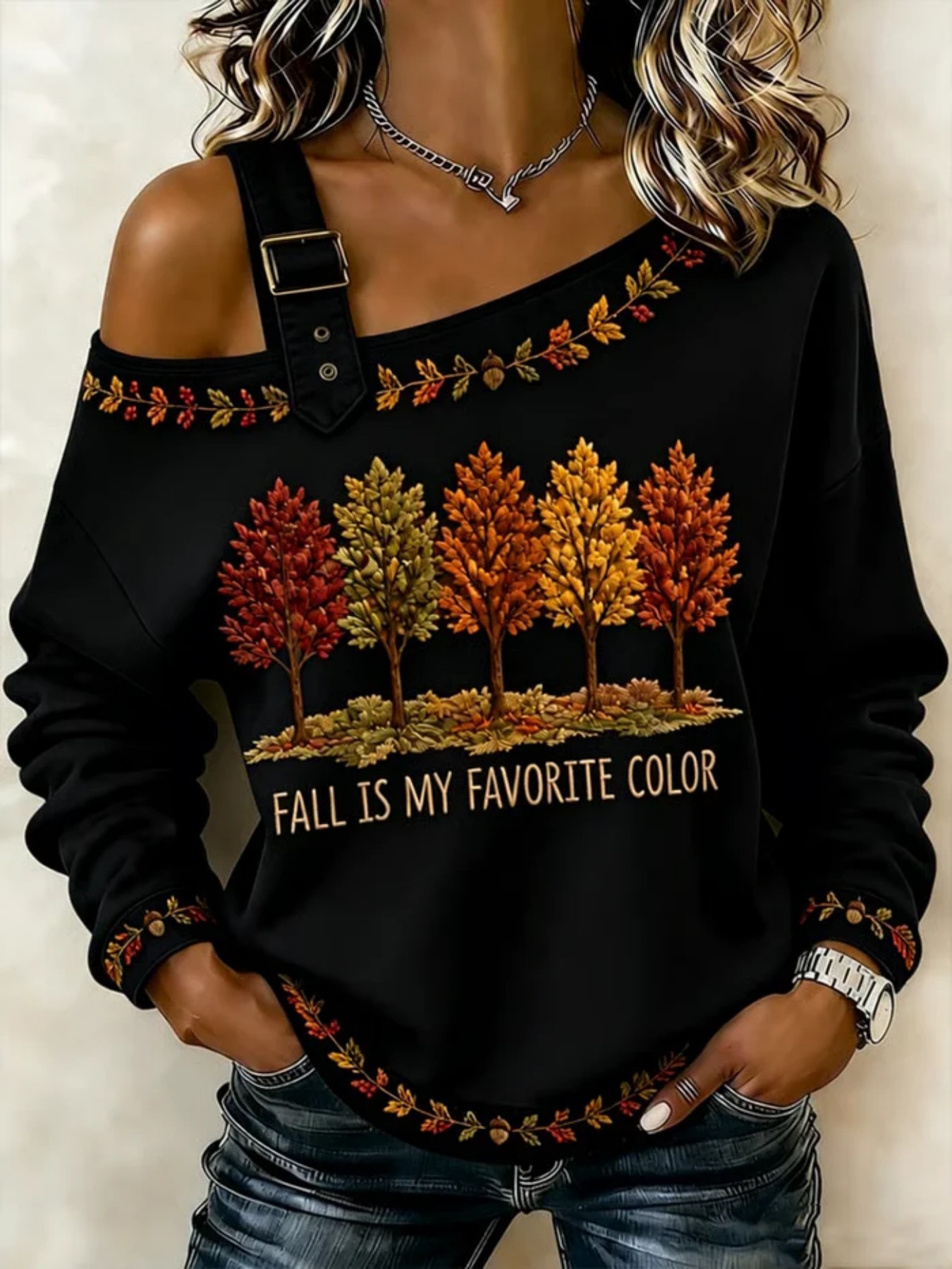 Maple Leaf Letter Floral Print Crewneck Long Sleeve Lace-Up Sweatshirt