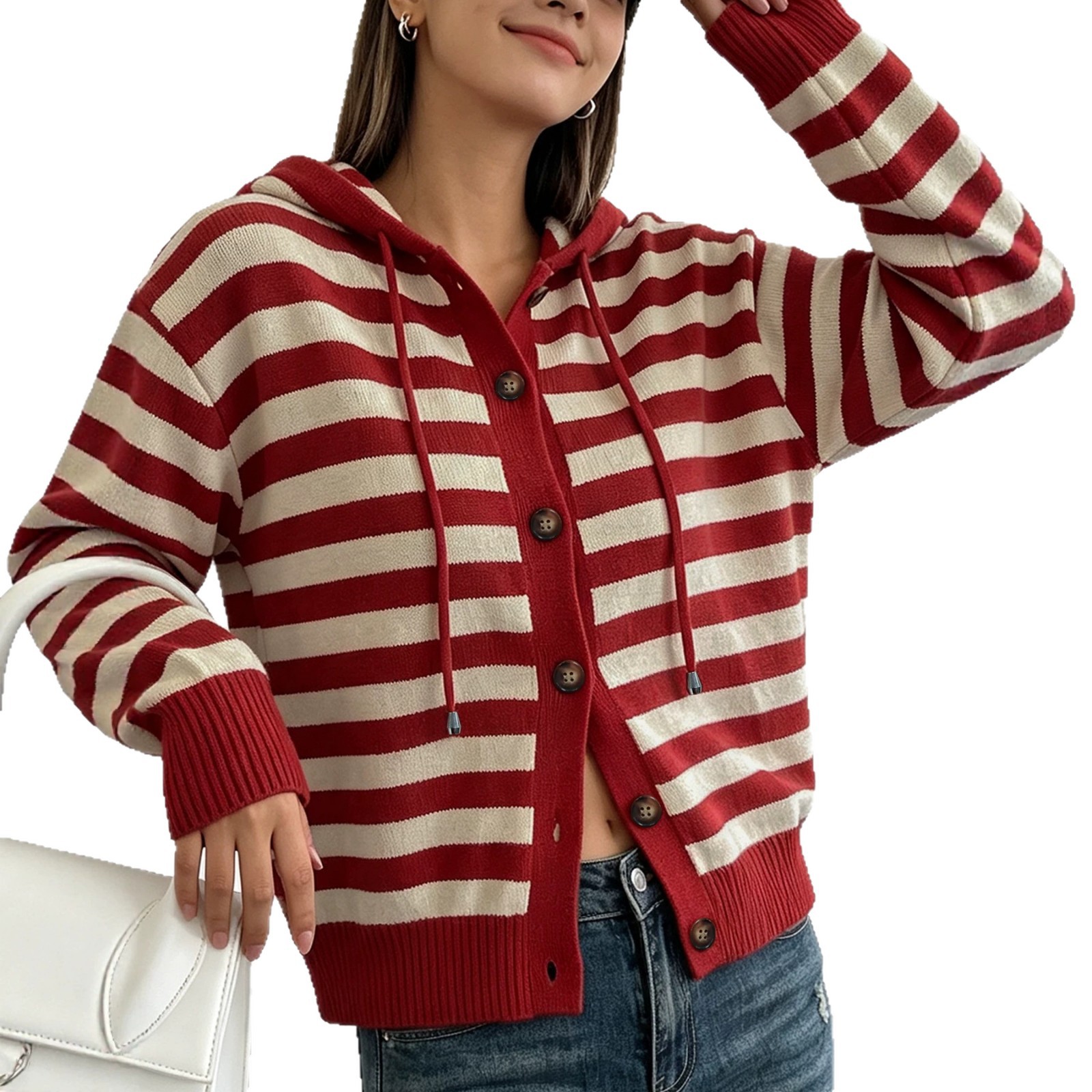 Color-Block Striped Hooded Knit Cardigan Women's Single-Breasted Long-Sleeve Ribbed Trim Casual Jacket