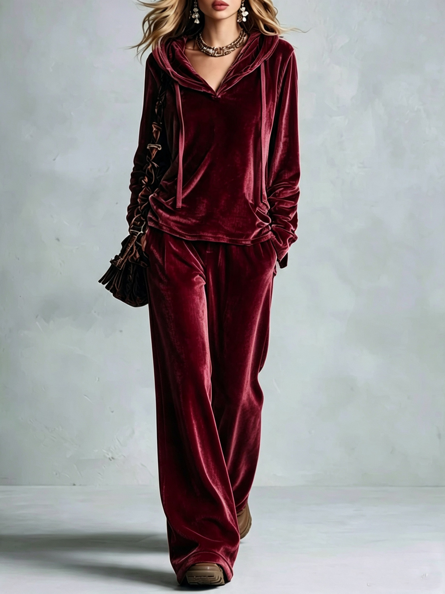 Women's Solid Korean Velvet Hoodie & Wide-Leg Pants Set