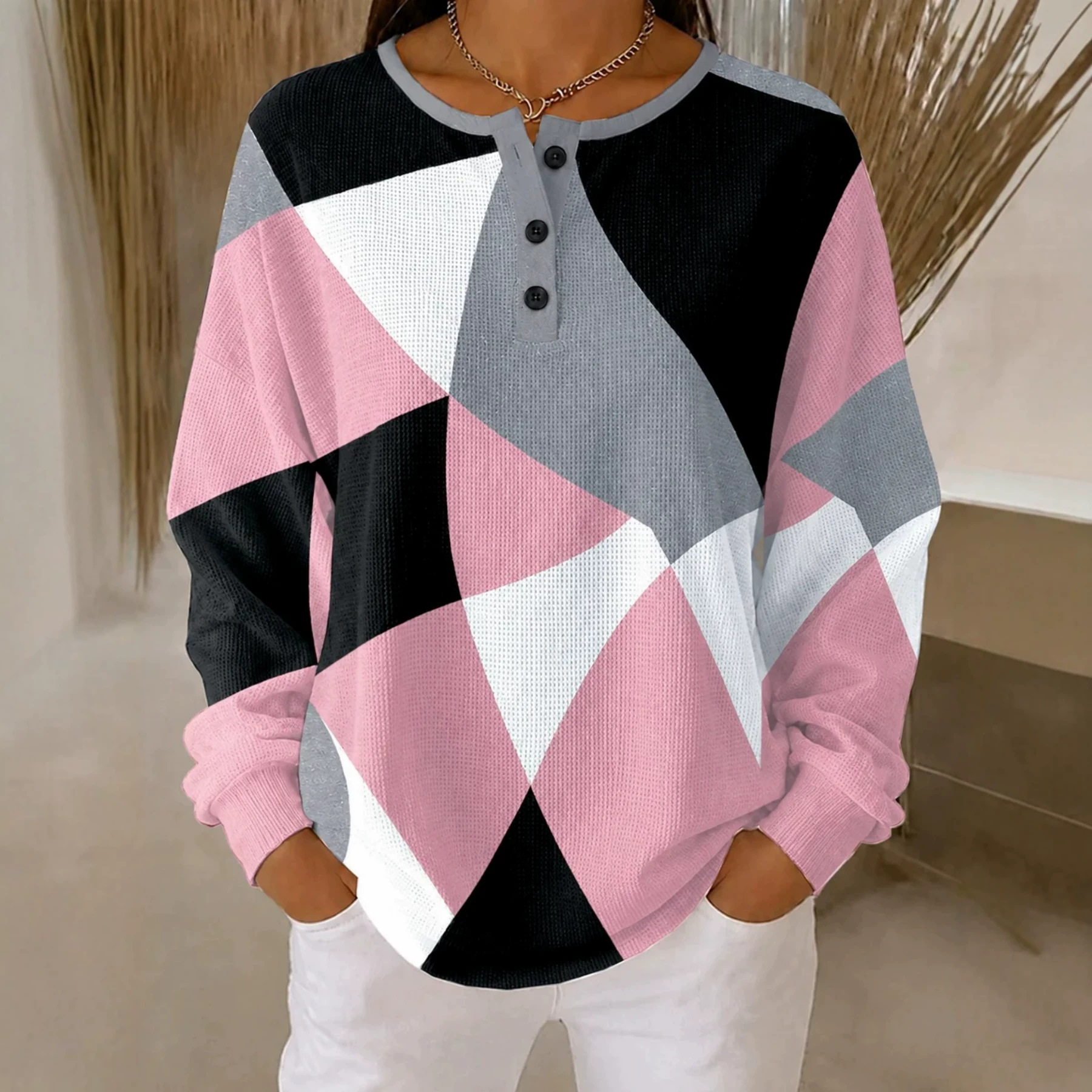 Plaid Colorful Print Crewneck Long Sleeve Pullover Sweatshirt