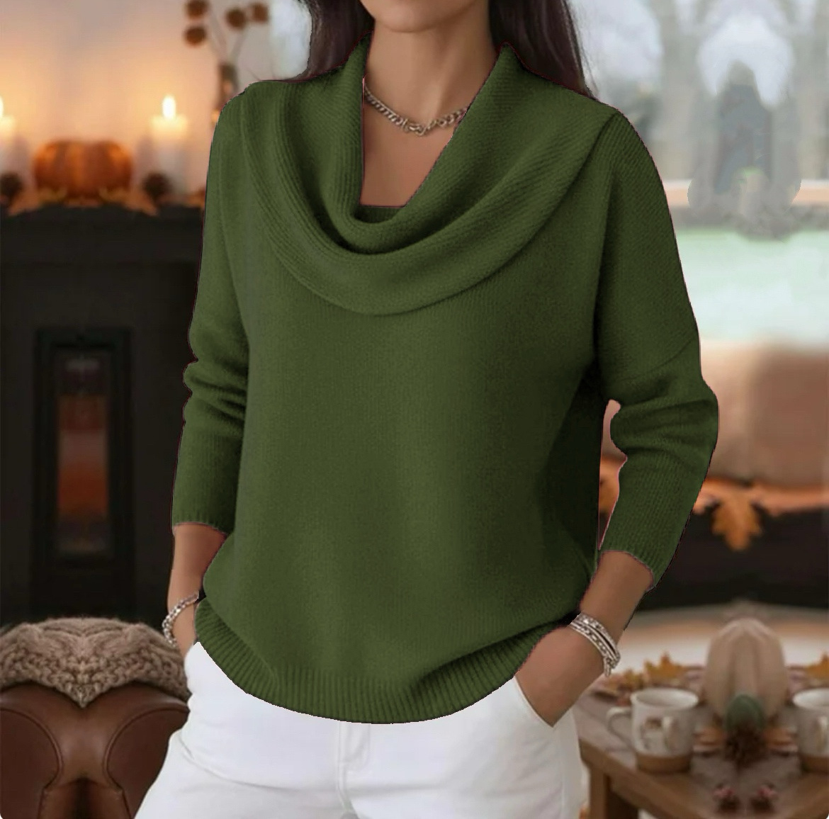 Women's Solid Color Long Sleeve Cowl Neck Knit Pullover Sweater