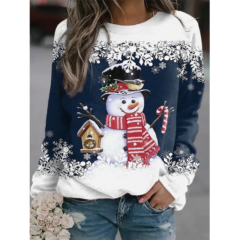 Women's Snowman Snowflake House Print Crewneck Sweatshirt