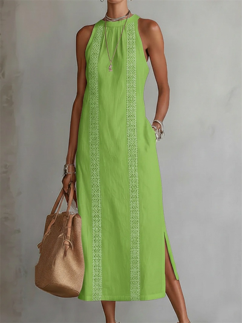 Women's Halter Neck Sleeveless Lace Panel Dress Solid Color