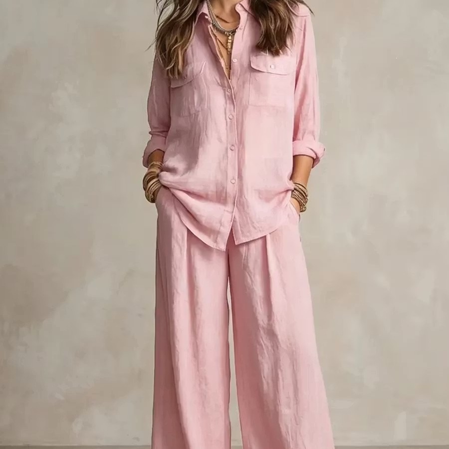 Linen Blend Long Sleeve Shirt and Wide Leg Pants Set
