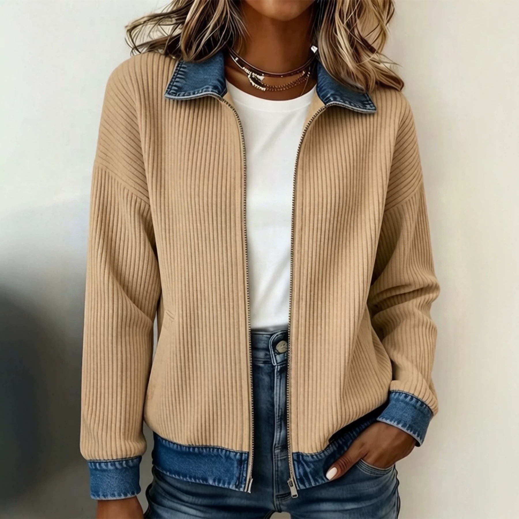 Women's Knit Denim Patchwork Button-Front Shirt Jacket