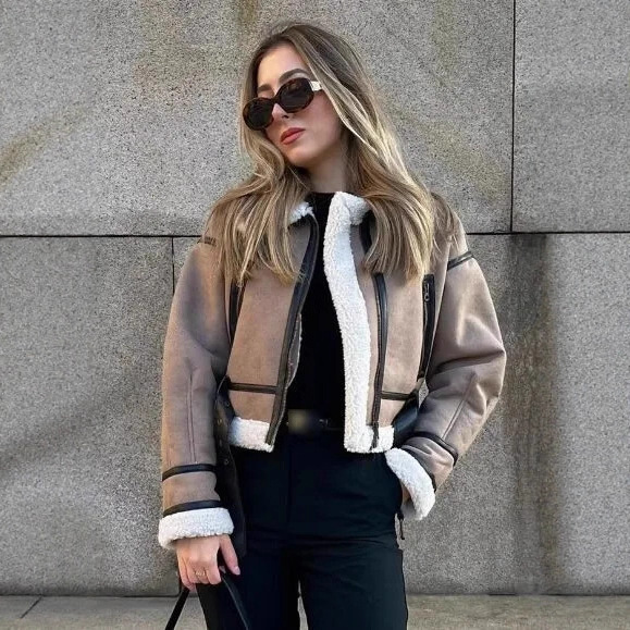 Women's Cropped Zip-Up Jacket with Pockets, Khaki & Brown