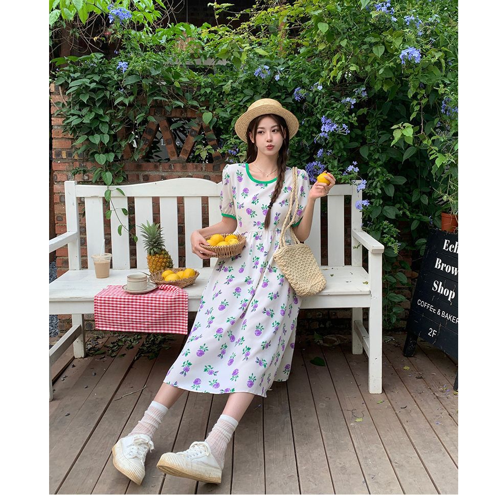 Women's French Tea Break Floral Midi Dress A-Line Short Sleeve Round Neck Elastic Waist